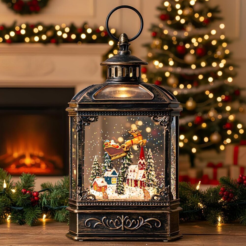 Christmas Snow Globe Swirling Glittering Lantern Santa Flying with Reindeer, USB